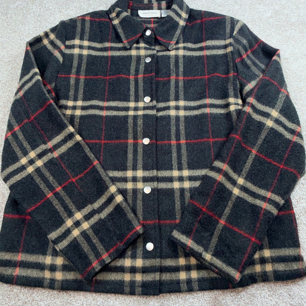 Lemon Grass Womens Plaid Snap Front Wool Blend Shacket Jacket Charcoal Grey L